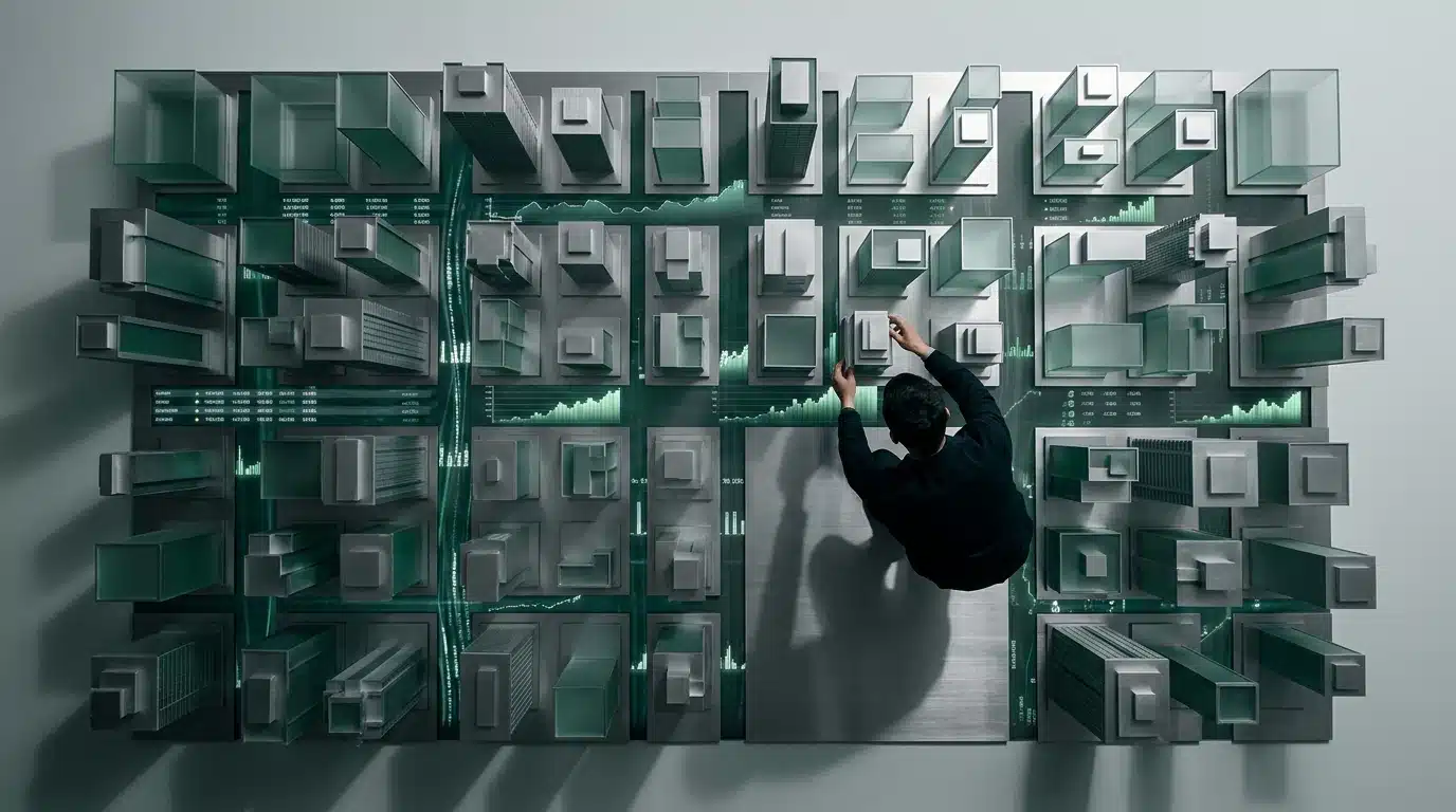 An aerial drone view of an intricate urban planning model, showcasing financial data streams flowing through a city grid made of brushed aluminum and frosted glass, with a person interacting with it.