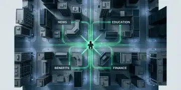 An aerial drone view of a vibrant urban model representing integrated news, education, benefits, and finance, with a person observing the green data connections.