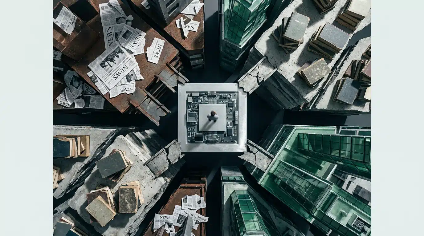 An aerial view of a fragmented city diorama built from newspaper clippings, textbooks, green glass, and circuit boards, representing disconnected news, education, benefits, and finance streams, with a lone human figure symbolizing confusion.