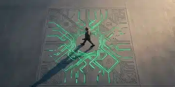An aerial view of a person walking across a vast concrete plaza, where glowing green geometric patterns representing news, education, benefits, and finance are interwoven, some with visible gaps.