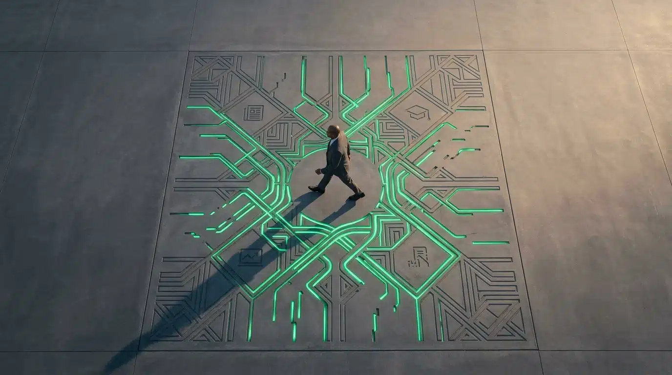 An aerial view of a person walking across a vast concrete plaza, where glowing green geometric patterns representing news, education, benefits, and finance are interwoven, some with visible gaps.