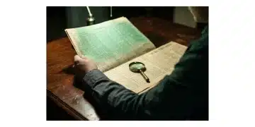 A person intently studying a vintage financial newspaper on a mahogany desk, illuminated by a harsh, focused light beam, emphasizing the detailed newsprint and the act of financial information consumption.