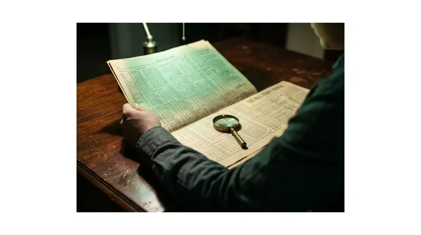 A person intently studying a vintage financial newspaper on a mahogany desk, illuminated by a harsh, focused light beam, emphasizing the detailed newsprint and the act of financial information consumption.