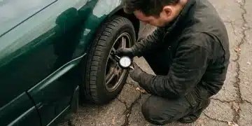 Person kneeling, inspecting a car tire pressure with a gauge, emphasizing proactive financial maintenance in a high-contrast documentary style.