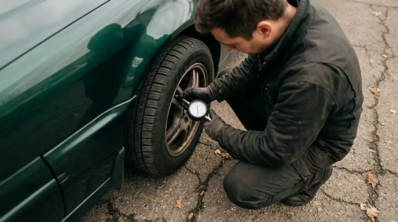 Person kneeling, inspecting a car tire pressure with a gauge, emphasizing proactive financial maintenance in a high-contrast documentary style.