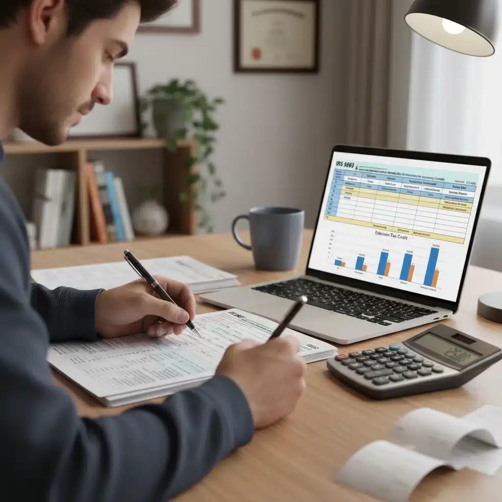 Individual carefully reviewing tax documents and financial statements for education credit eligibility.
