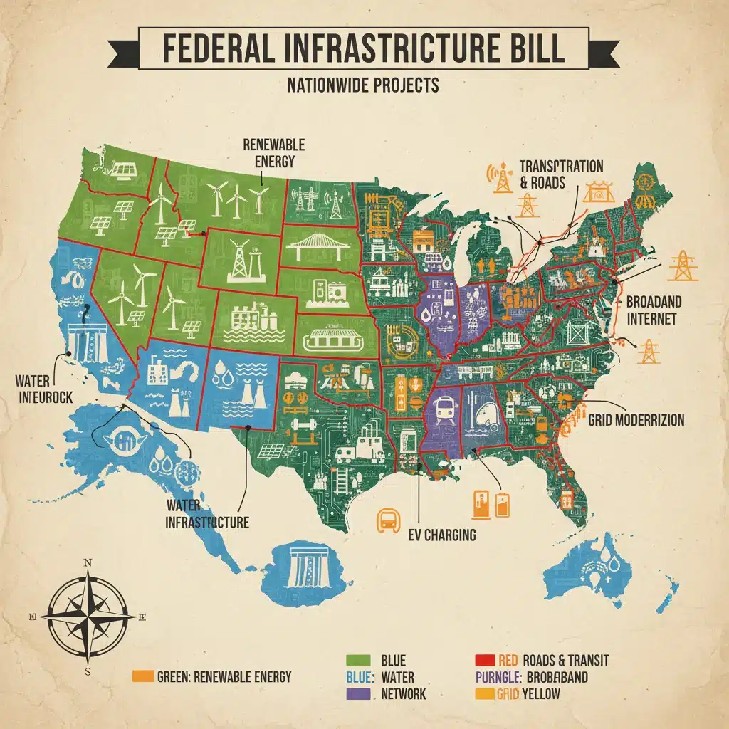 Map of the United States highlighting diverse infrastructure projects across various states.