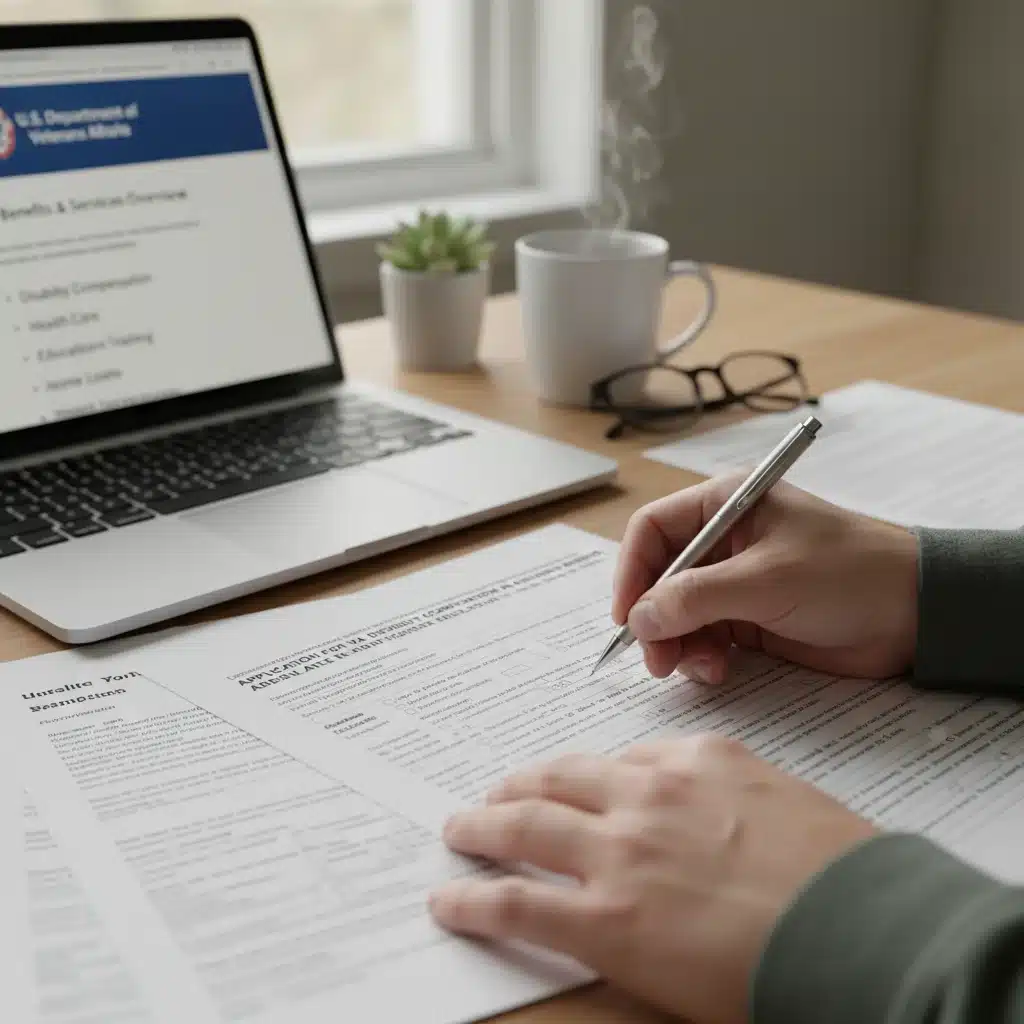 Hands filling out a VA disability claim form, symbolizing the application process.