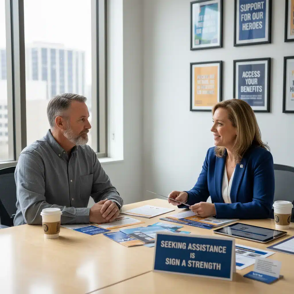 Veteran consulting with a VA representative, discussing benefits and support services.