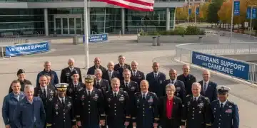 Veterans standing proudly in front of a modern VA building, symbolizing support and community.