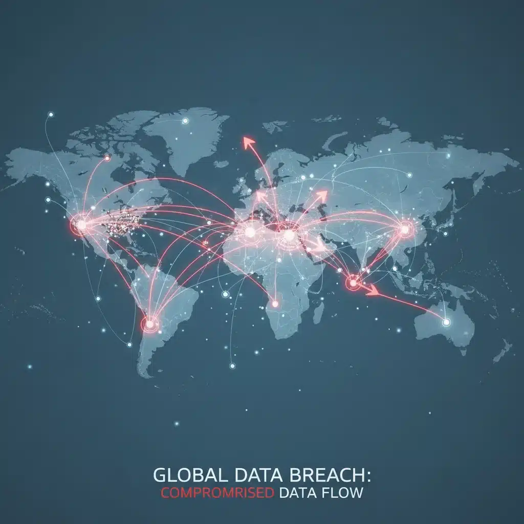 Global data network with compromised data points, illustrating the scale of a breach