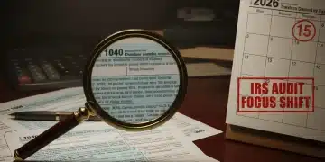 Tax documents under a magnifying glass, calendar showing 2026, symbolizing new IRS audit triggers