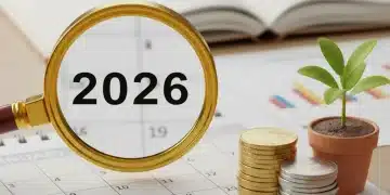 Calendar showing 2026 with magnifying glass over coins, symbolizing future SSI benefit analysis.