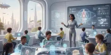 Students and teacher interacting with AI in a futuristic classroom, highlighting personalized learning.