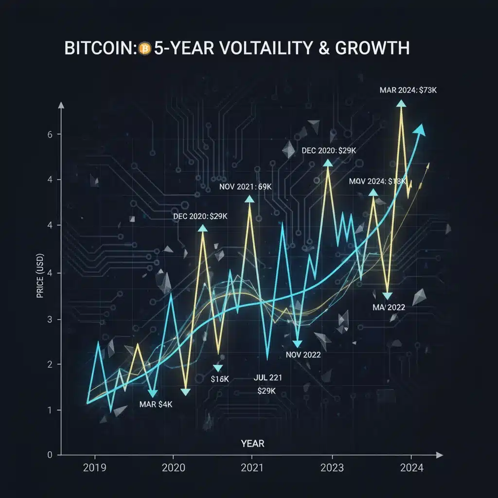 Volatile growth trajectory graph of Bitcoin over the last five years, showing market dynamics.