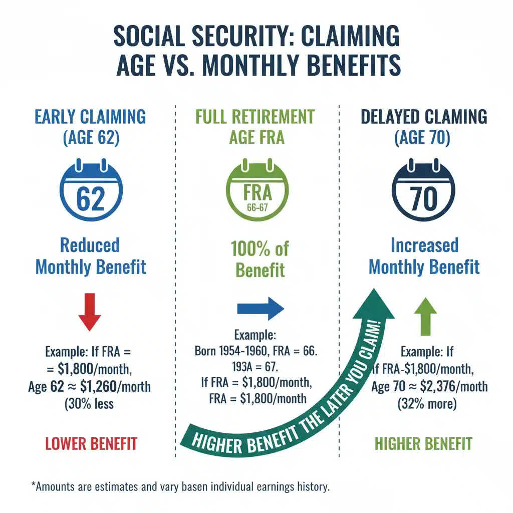 Infographic showing Social Security claiming age impact on benefits.