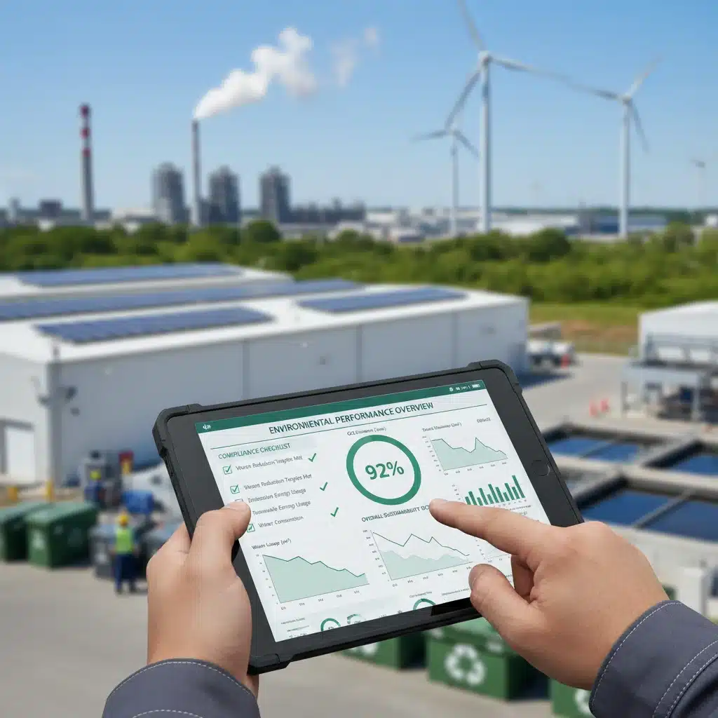 Tablet showing environmental compliance checklist for businesses