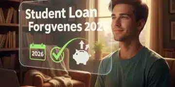 Student reviews federal loan forgiveness information on a tablet.