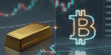 Gold bar juxtaposed with Bitcoin symbol, representing investment choice for 2026.