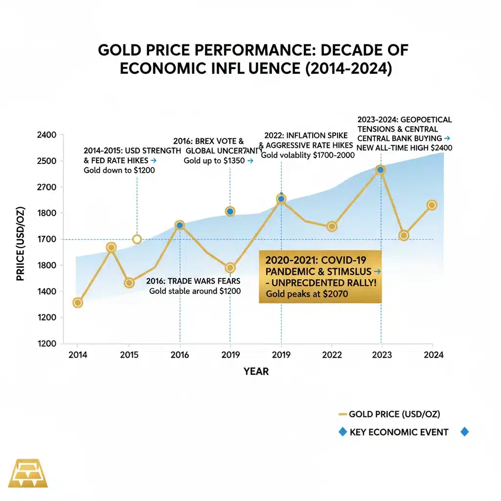 Historical price performance chart of gold over the past decade, showing stability.