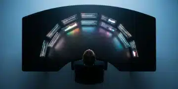 Bird's-eye view of a person at a dark table, surrounded by multiple small, glowing holographic screens displaying fragmented news, symbolizing personalized information bubbles and the fracturing of news consumption.