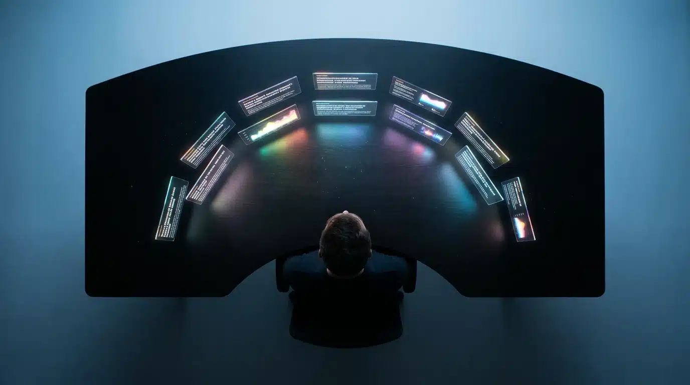 Bird's-eye view of a person at a dark table, surrounded by multiple small, glowing holographic screens displaying fragmented news, symbolizing personalized information bubbles and the fracturing of news consumption.