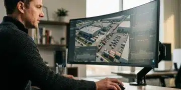 A person intently analyzes satellite imagery of a factory parking lot on a large curved monitor, overlaid with financial data, illuminated by soft morning light, demonstrating the use of alternative 'subterranean data' in financial analysis.