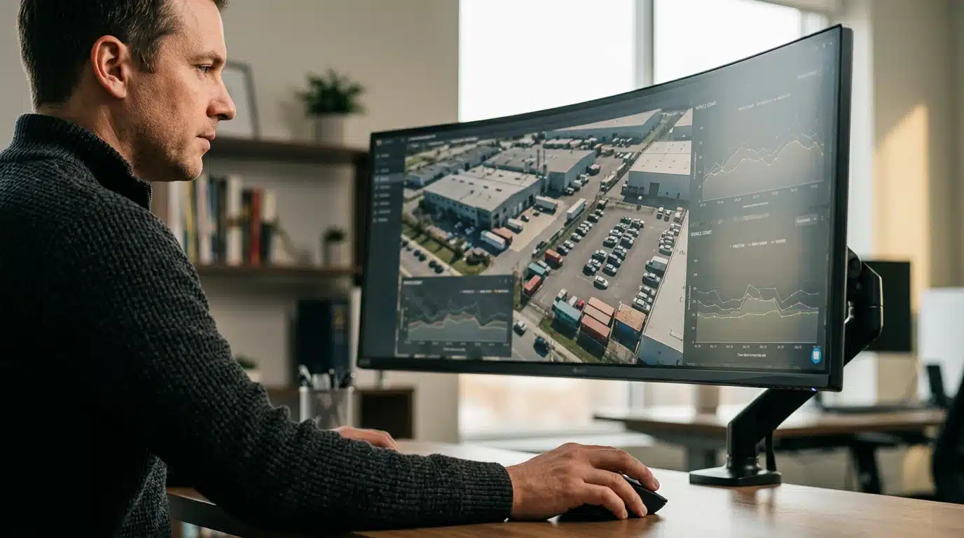 A person intently analyzes satellite imagery of a factory parking lot on a large curved monitor, overlaid with financial data, illuminated by soft morning light, demonstrating the use of alternative 'subterranean data' in financial analysis.