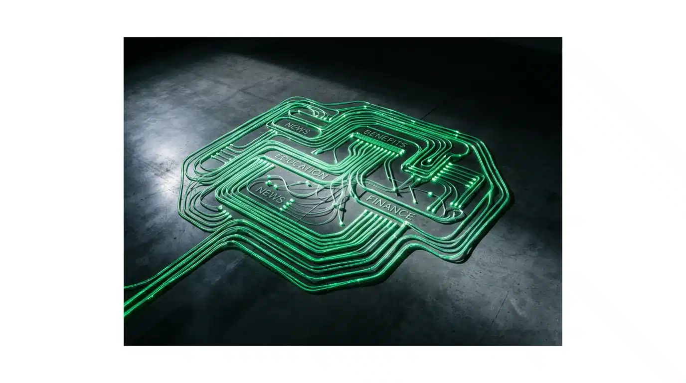Overhead view of a person's hands adjusting glowing green fiber optic cables representing interconnected news, education, benefits, and finance pathways on a dark circuit board.