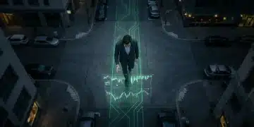 Aerial view of a person interacting with glowing financial data projections on a futuristic urban street, symbolizing the interplay of news, education, and finance.