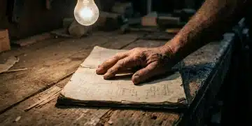 A weathered hand holding a tattered financial ledger on a wooden workbench, lit by a single bulb, illustrating the struggle against systemic financial barriers.