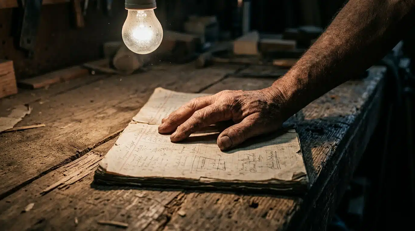 A weathered hand holding a tattered financial ledger on a wooden workbench, lit by a single bulb, illustrating the struggle against systemic financial barriers.