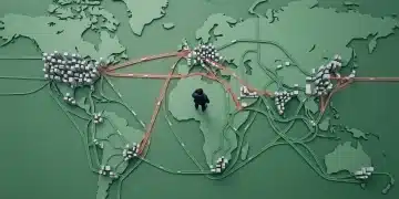 Aerial view of a person observing a stylized global trade network, illustrating international economic policies and supply chain strategies.