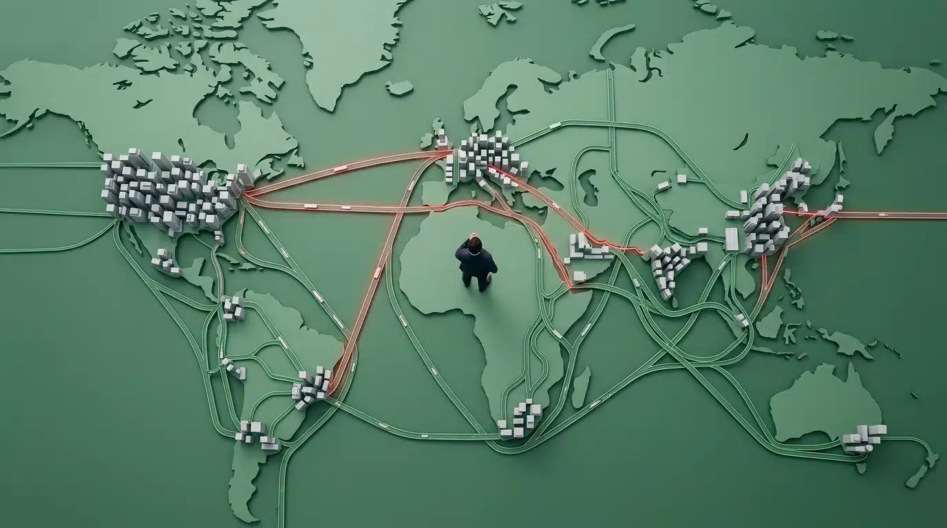Aerial view of a person observing a stylized global trade network, illustrating international economic policies and supply chain strategies.