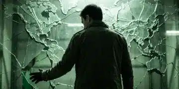 A person reaches towards a fractured, green-tinted glass panel showing a distorted world map, symbolizing the fracturing of global economic patterns and trade relationships.