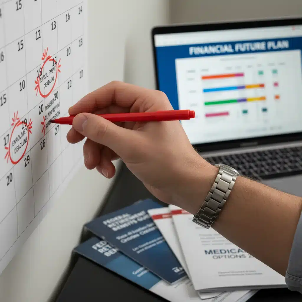 Hand marking important dates on a calendar for federal benefits enrollment.