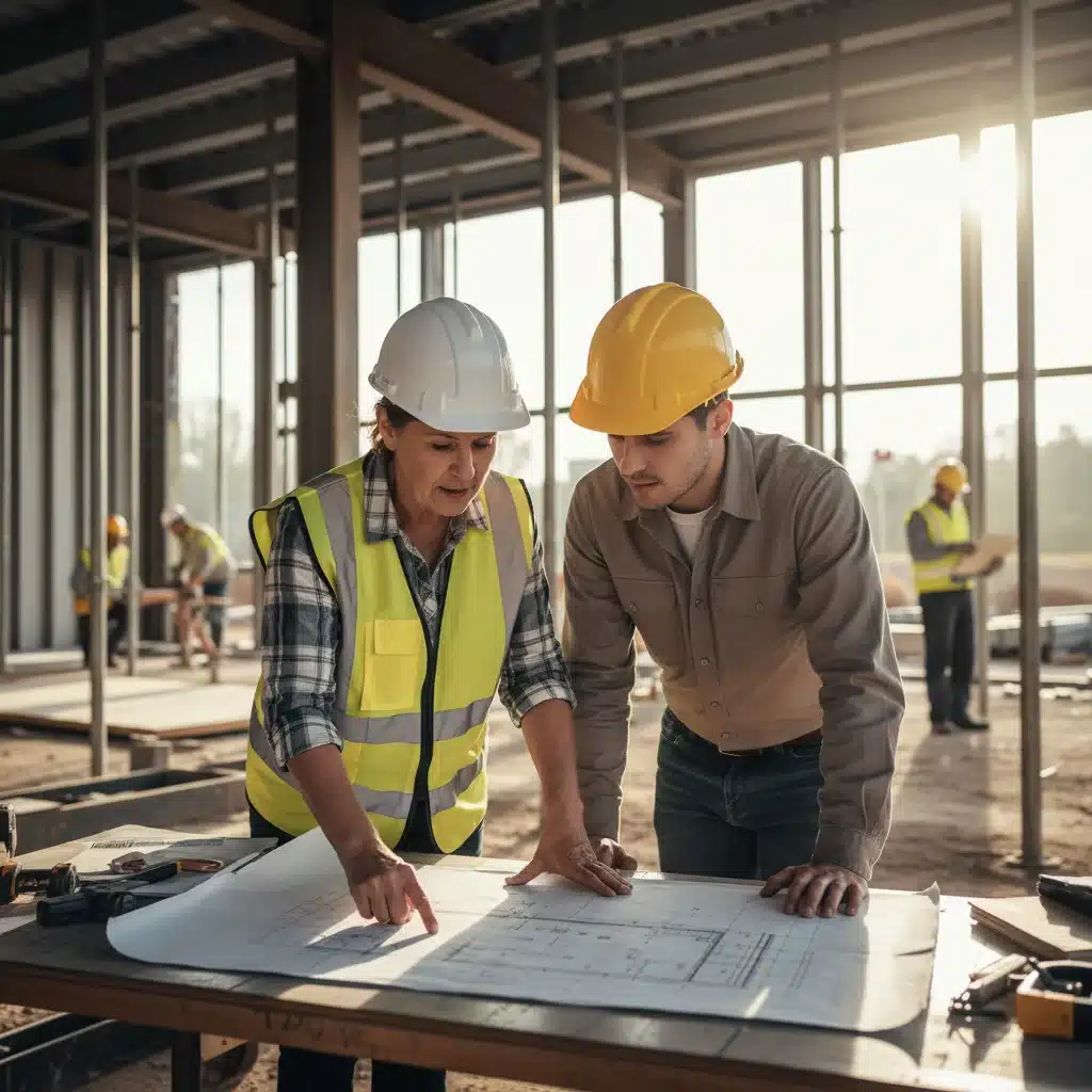 Experienced mentor guiding an apprentice in a professional workplace environment.