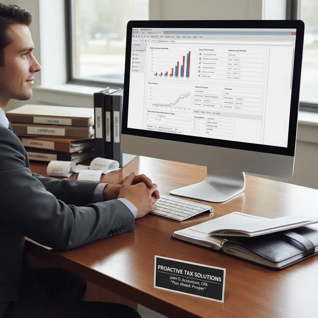 Person confidently reviewing tax software with organized records and tax professional's card