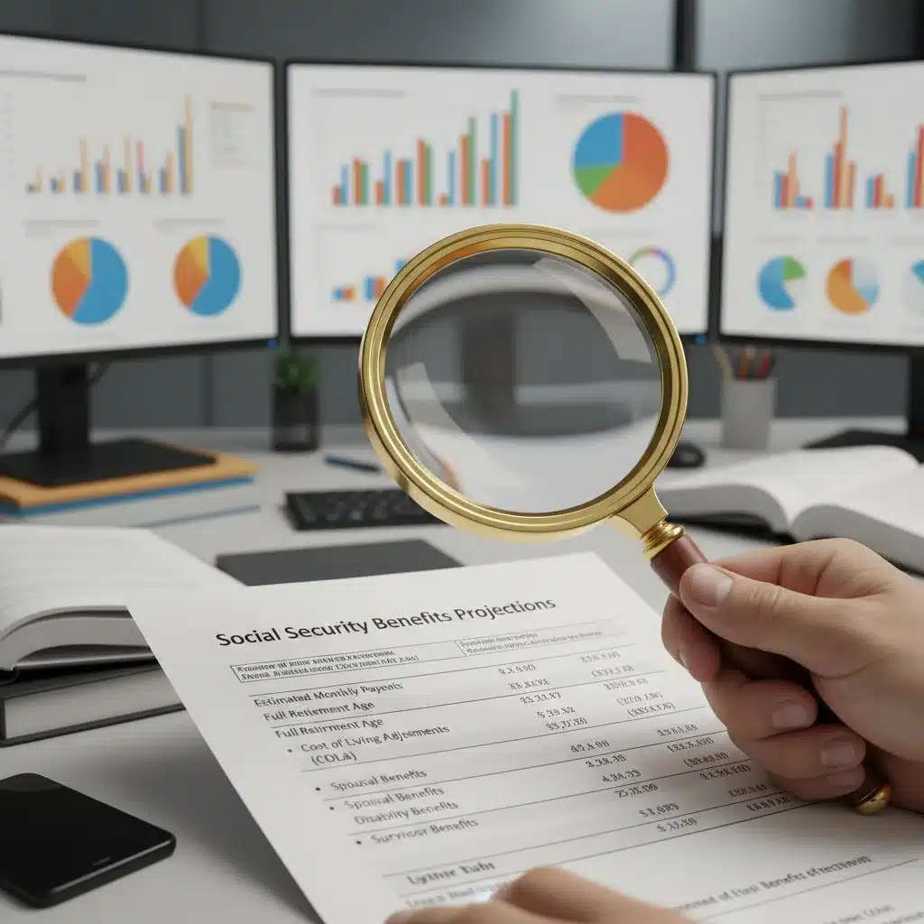 Magnifying glass examining Social Security benefit projections for 2026