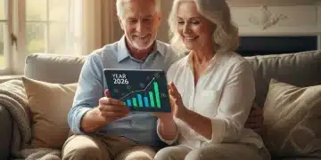 Senior couple planning their Social Security benefits for 2026 on a tablet.