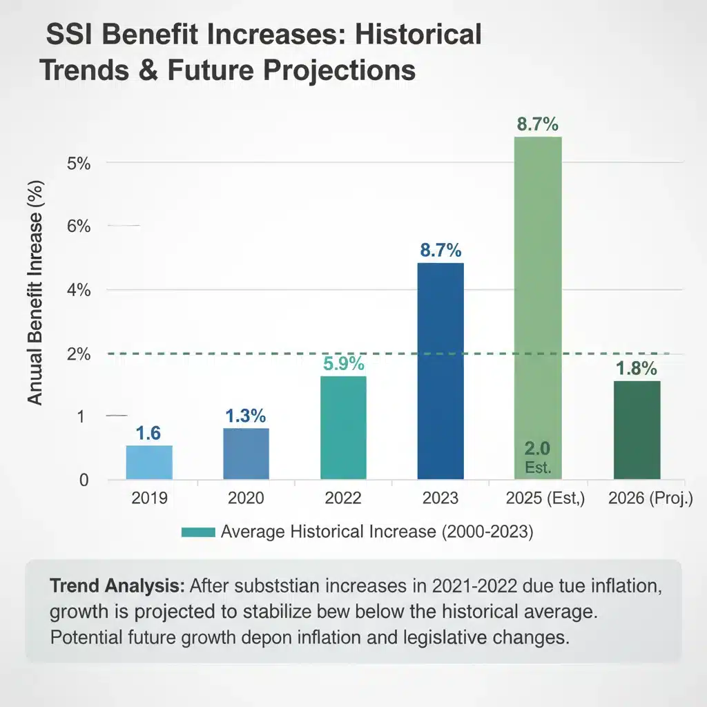 Bar chart comparing historical and projected 2026 SSI benefit increases.