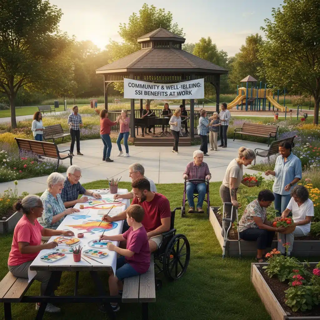 Diverse group of seniors and people with disabilities in a community setting, smiling.
