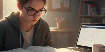 Student intently studying for standardized tests with textbooks and laptop, representing dedication.