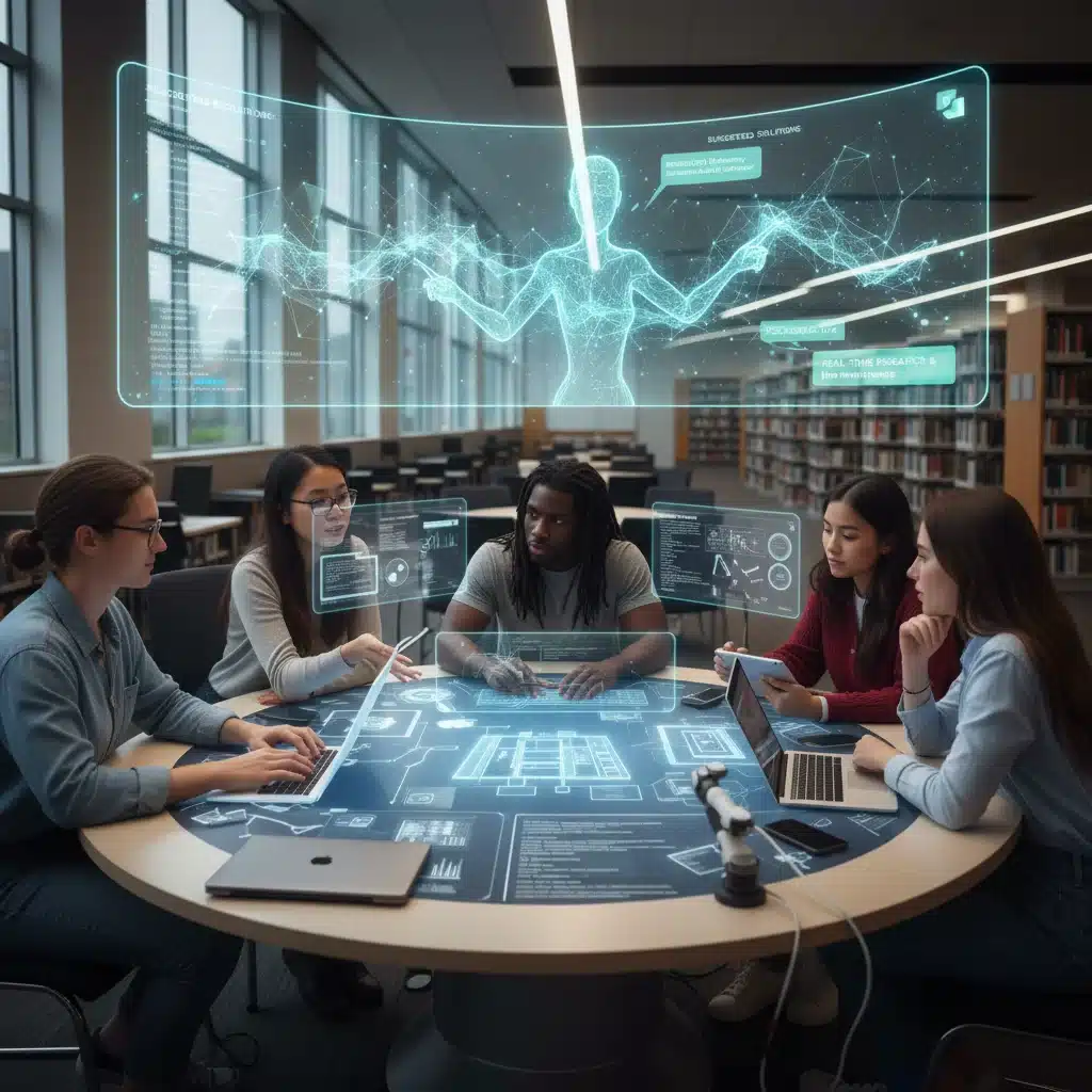 College students collaborating with an AI assistant on a project.